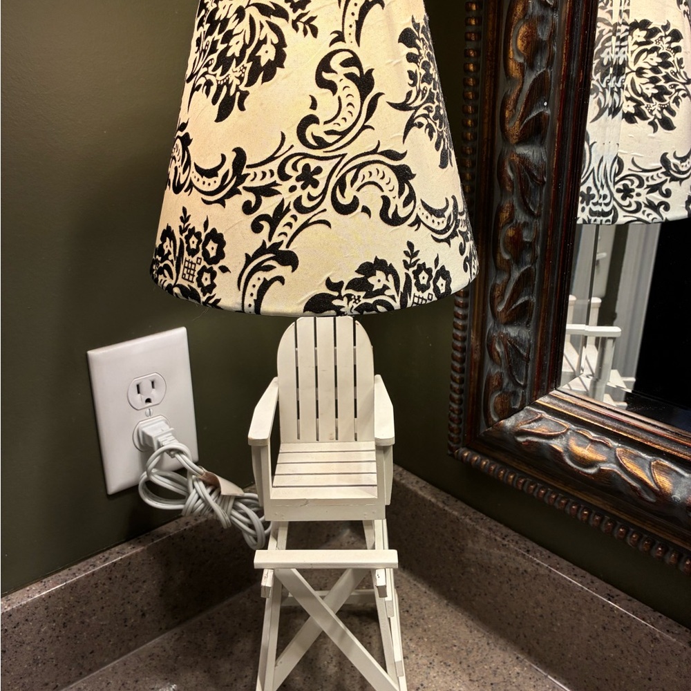 White Beach Life Guard Chair Lamp with Black Patterned Shade